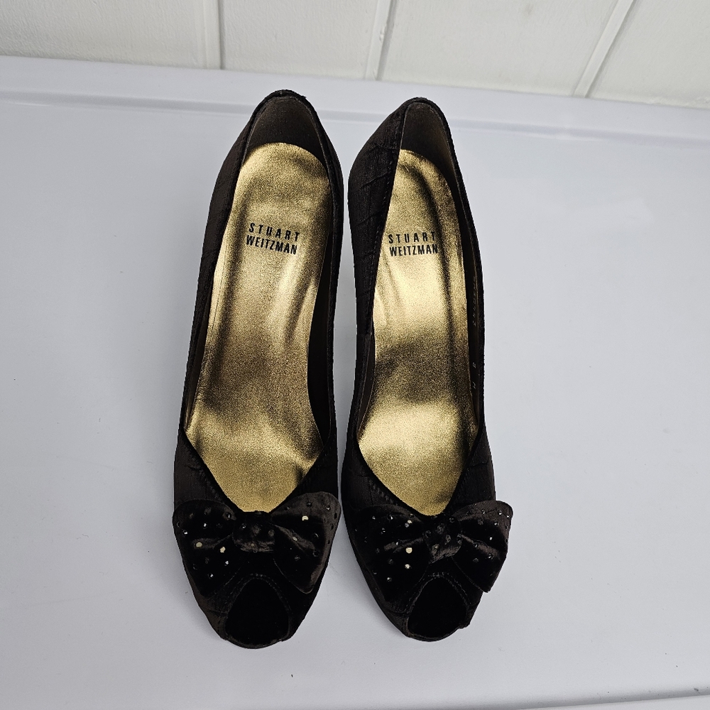 Stuart Weitzman Brown Velvet Snake Skin RhinestoneBow Leather Peeptoe Heels - Picture 6 of 11